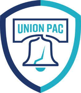 Shield with text Union PAC on the top of an illustration of the Liberty Bell